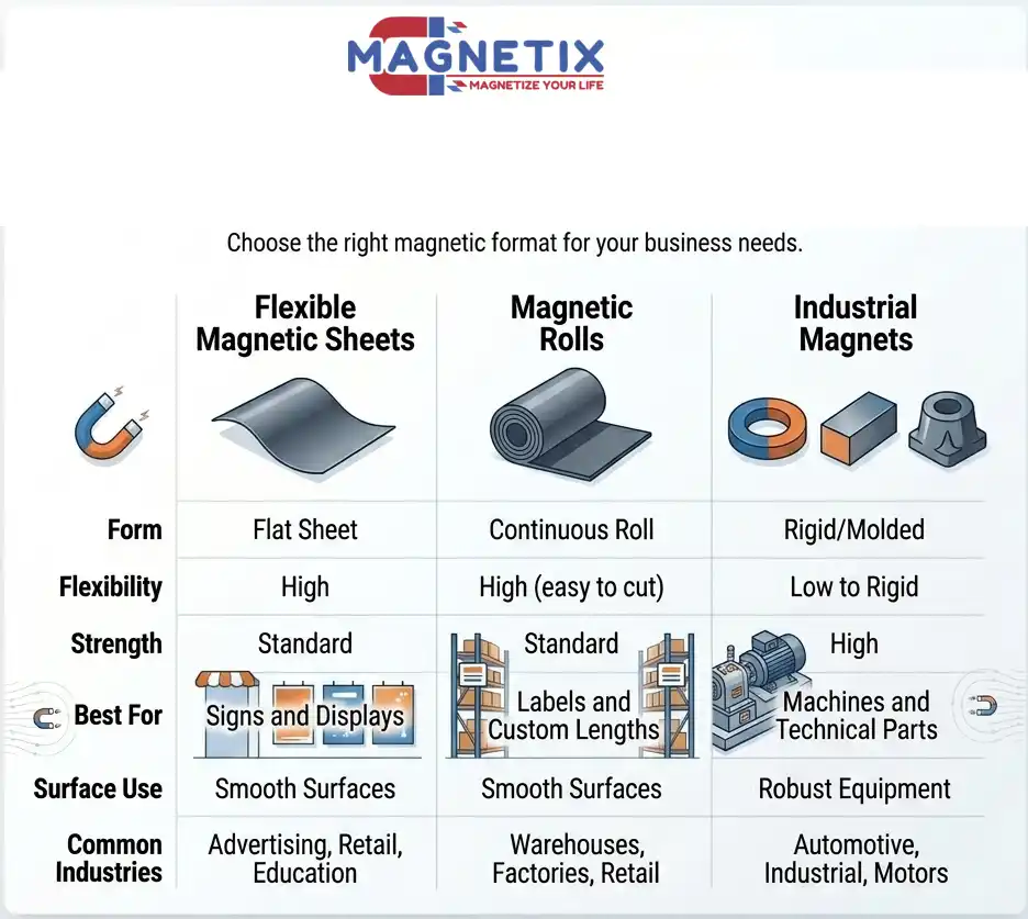 Comparison of flexible magnetic sheets, rolls, and industrial magnets