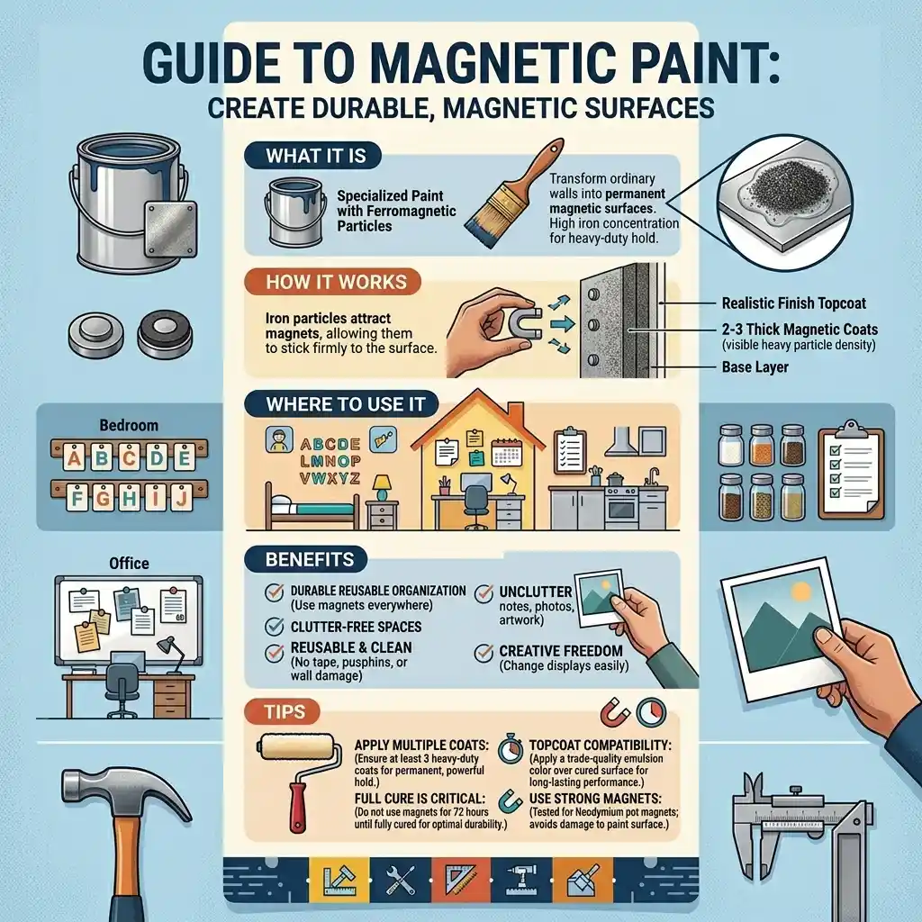 Magnetic paint used in a home study room to hold photos and notes